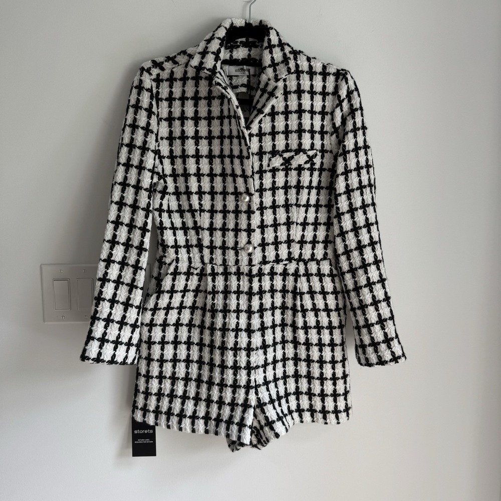 Storets Cream Black Julia Grid Tweed Romper Women's S/M NEW Twee Retro Preppy